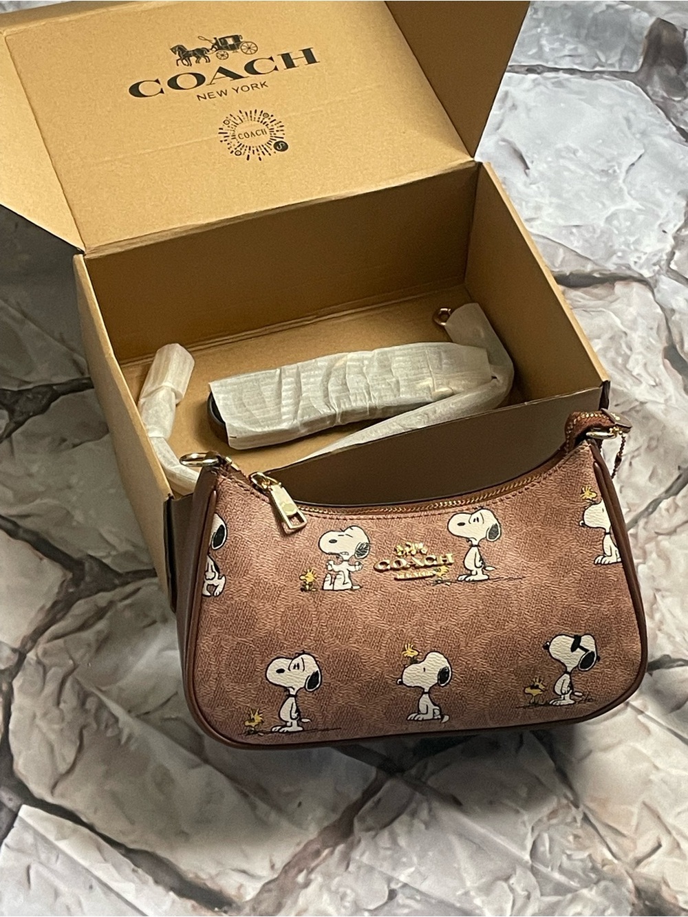 Coach x Peanuts Brown Snoopy Print Shoulder Bag